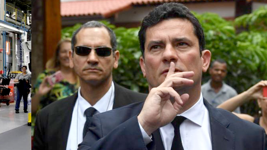Moro pede silêncio à turba que o aguardava, na saída da casa de Jairo Bolsonaro, na Barra da Tijuca. Não foi atendido