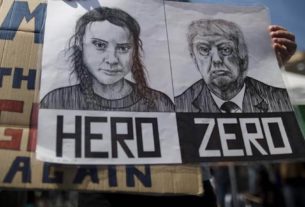 Greta Thunberg e Donald Trump em cartaz durante manifestação em Roma